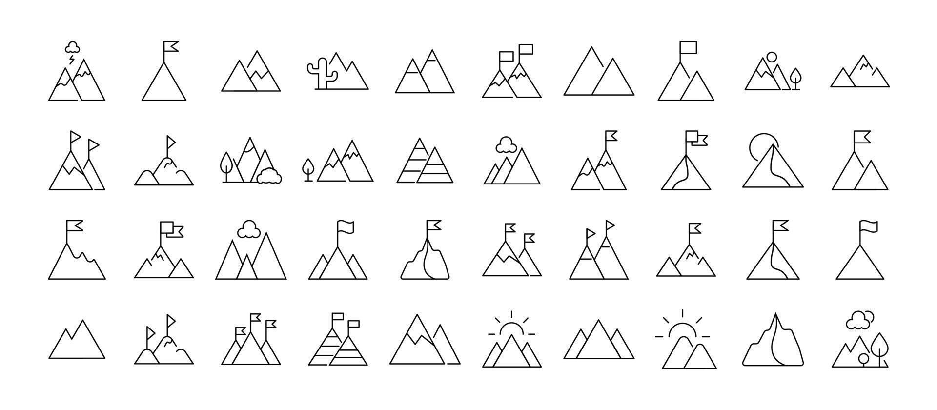 Line Signs of mountains as symbol of travel and hiking for Advertisement. Suitable for books, stores, shops. Editable stroke in minimalistic outline style. Symbol for design vector