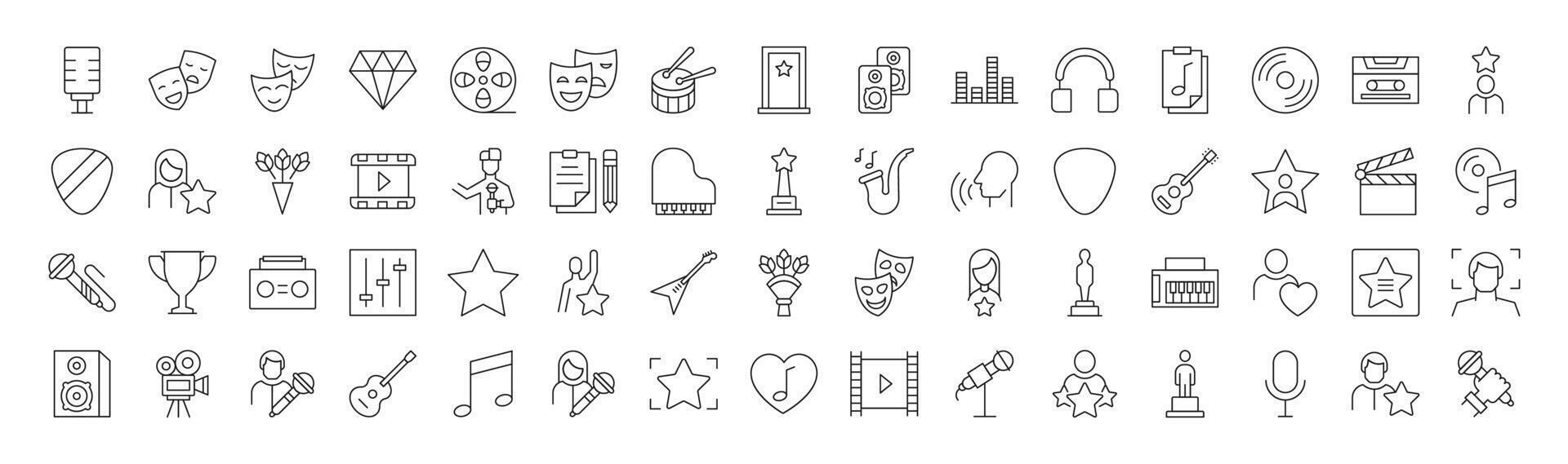 Collection of Icons of actor, singer, music and theatre for Shops and Stores. Suitable for books, stores, shops. Editable stroke in minimalistic outline style. Symbol for design vector