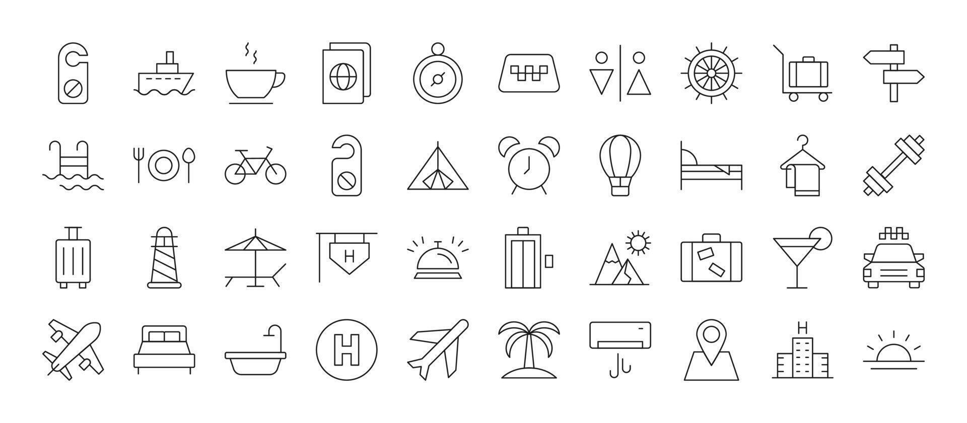 Collection of Line Icons of hotel, vacation, travel for Adverts. Suitable for books, stores, shops. Editable stroke in minimalistic outline style. Symbol for design vector