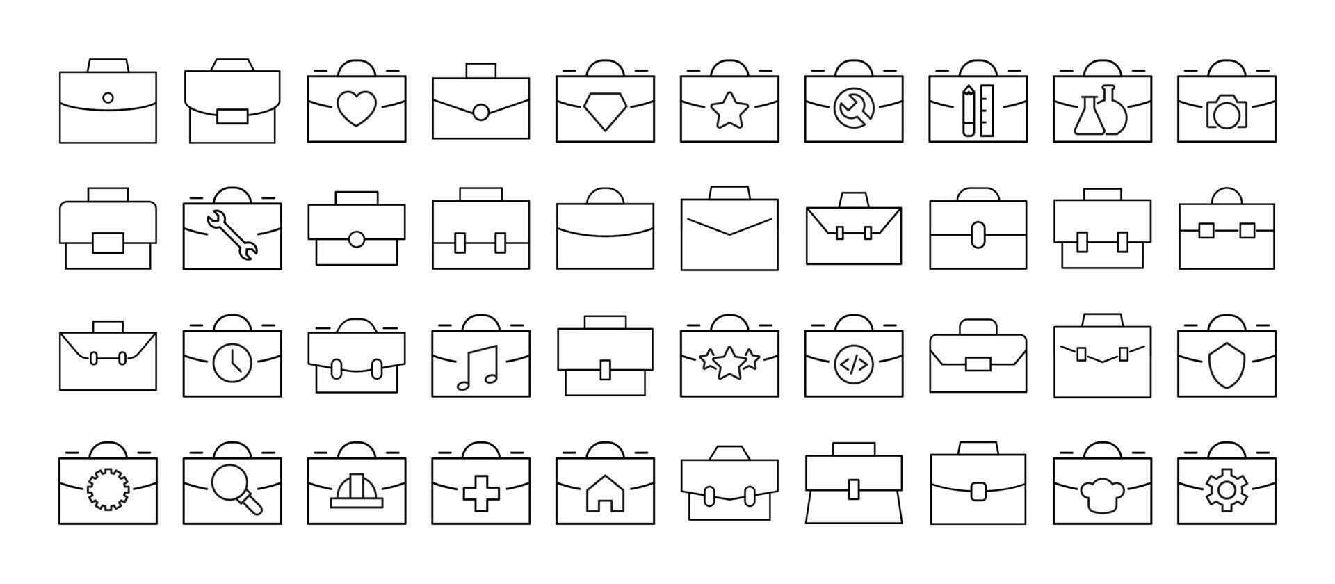Collection of Icons of portfolio, briefcase and suitcase for business. Suitable for books, stores, shops. Editable stroke in minimalistic outline style. Symbol for design vector