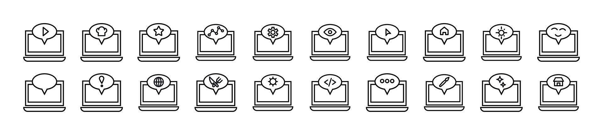 Collection of thin signs of laptop and speech bubble. Editable stroke. Simple linear illustration for stores, shops, banners, design vector
