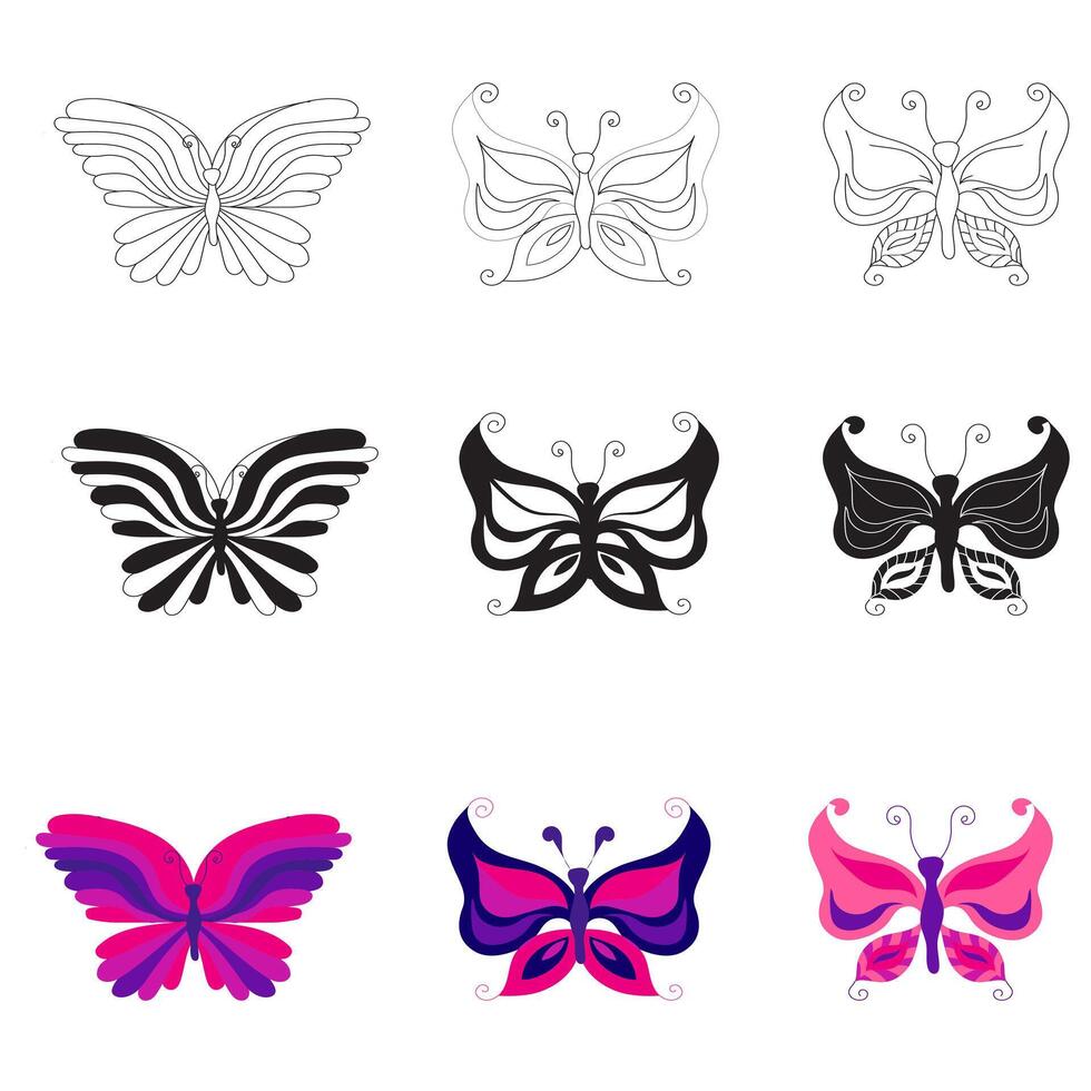 Set of butterflies in different flat, silhouette, doodle styles. illustration isolated on white background. vector