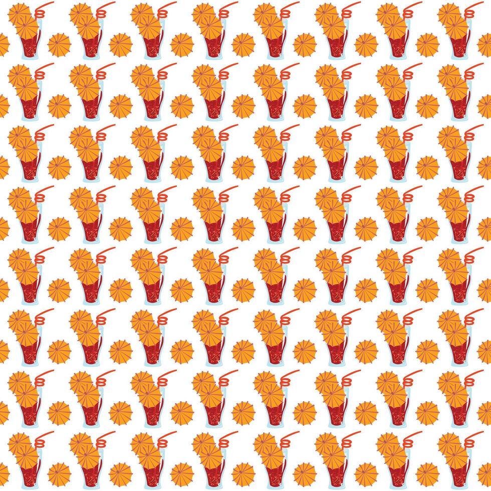 Glass glass with a cool drink, cocktail straw and umbrella. Simple seamless pattern on a white background. illustration. vector