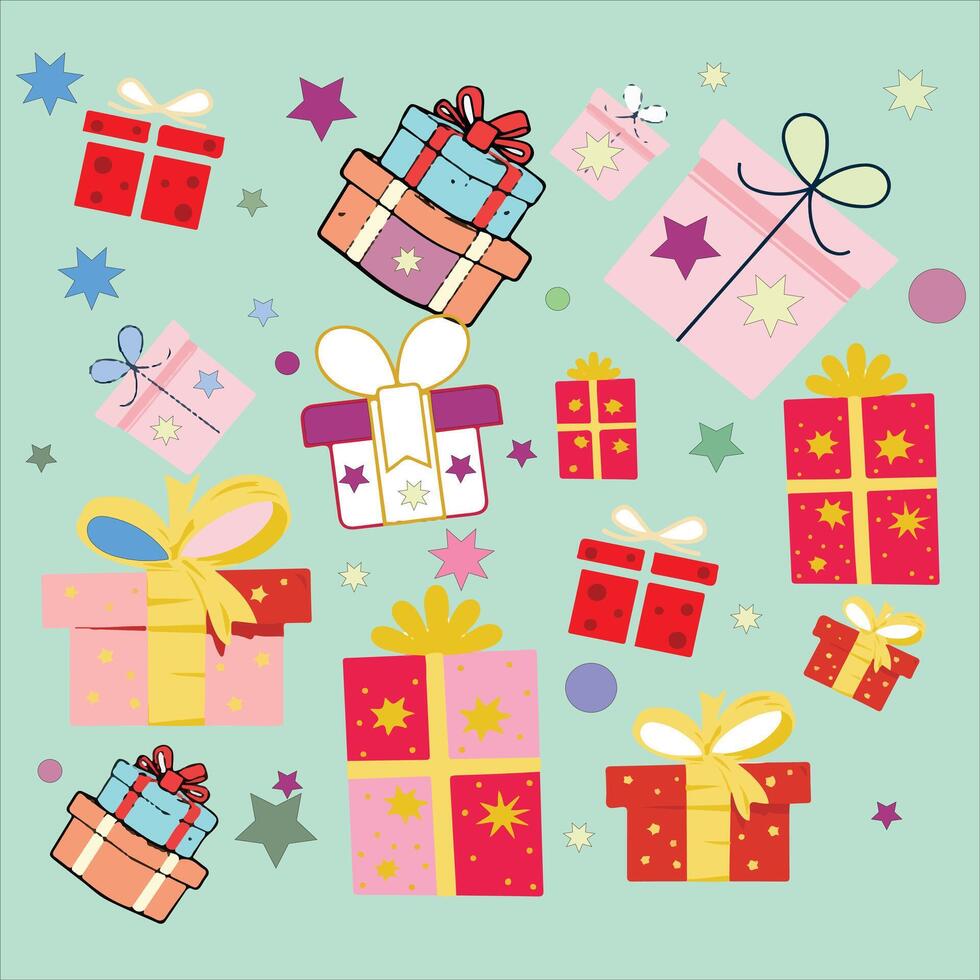 A image depicting colorful gift-wrapped boxes adorned with ribbons, surrounded by vibrant stars, creating a festive and lively scene. vector