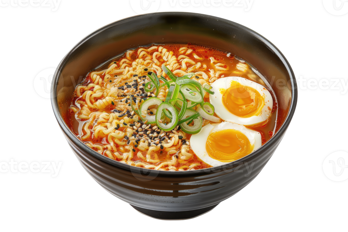 Ramen noodle soup with eggs isolated on transparent background. png