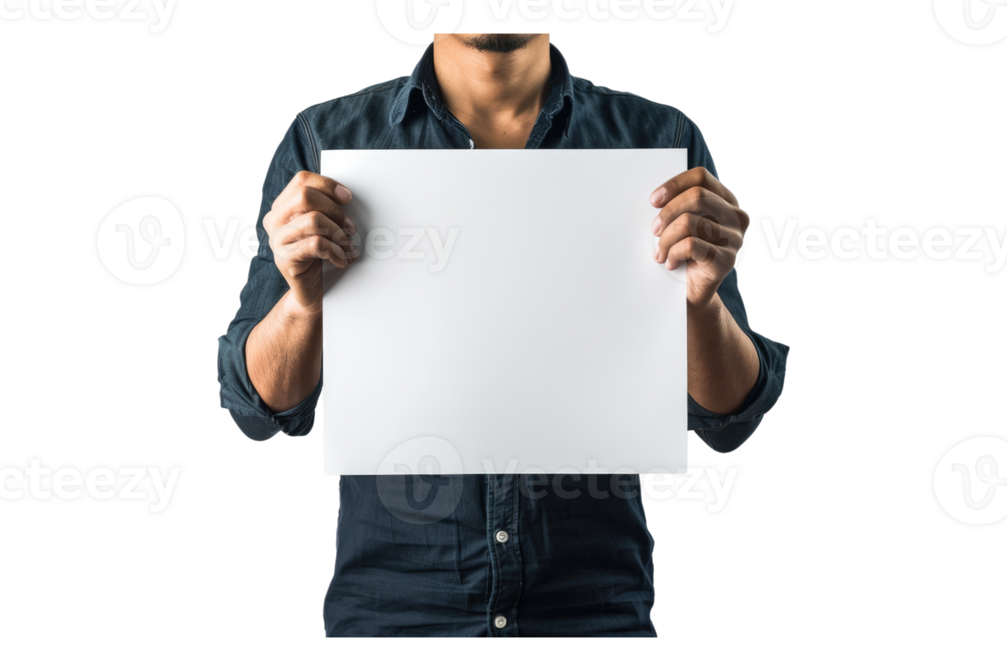 Close up of man holding blank white paper for writing issues or demands isolated on transparent background. png