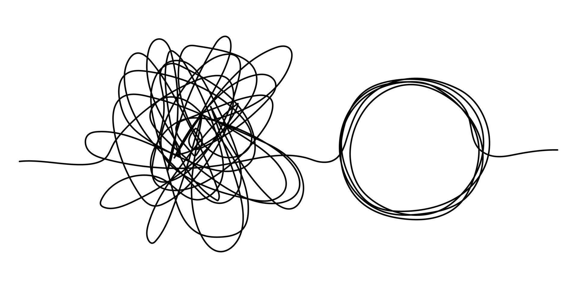 Chaos and order business concept flat design style on white background. A tangled mess turns into a circular line of order, find a solution. Coaching, mentoring or psychotherapy. vector