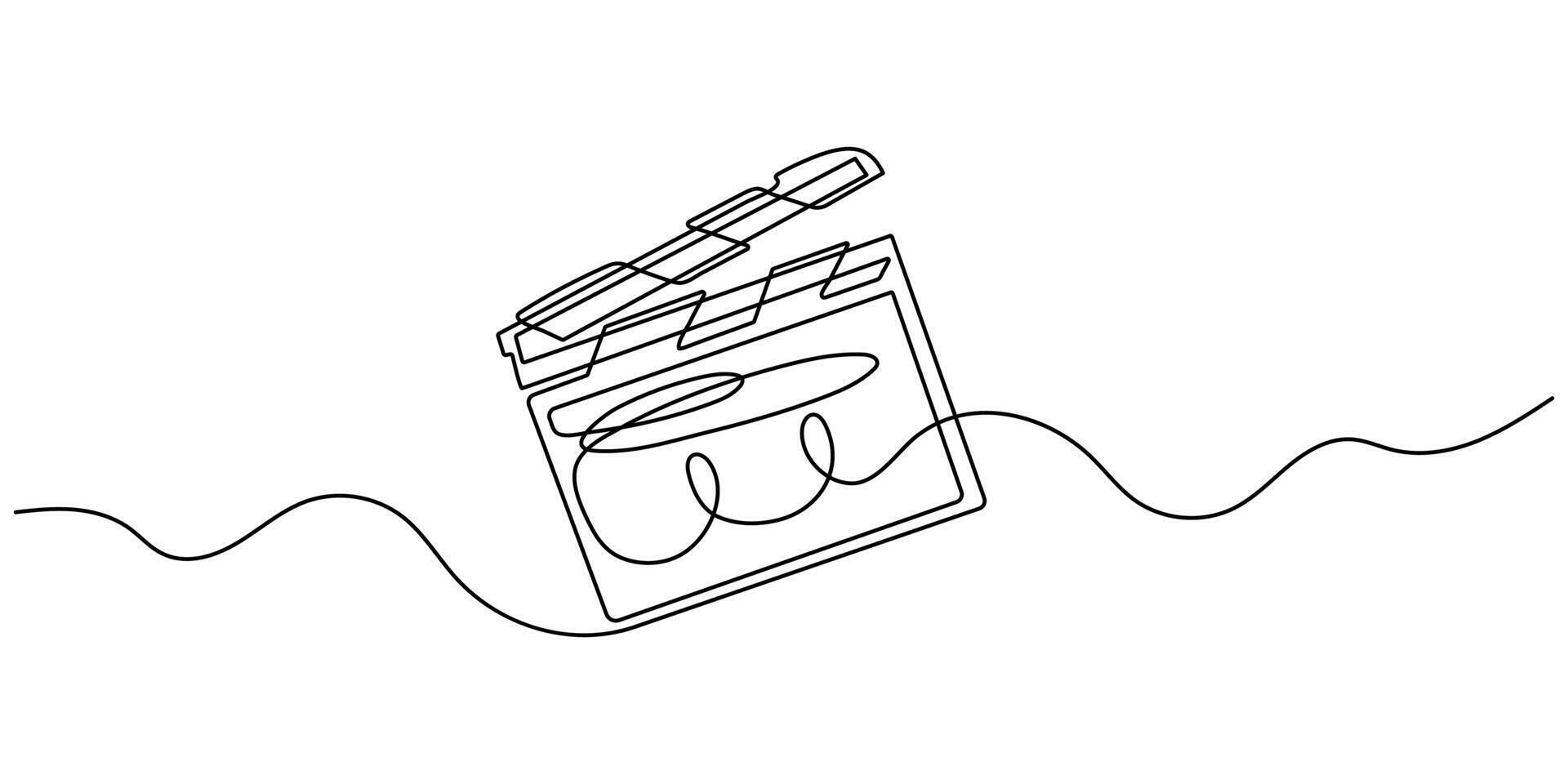 One continuous line drawing of a movie plot board. Action scene and retro production concept in simple linear style. Line illustration vector