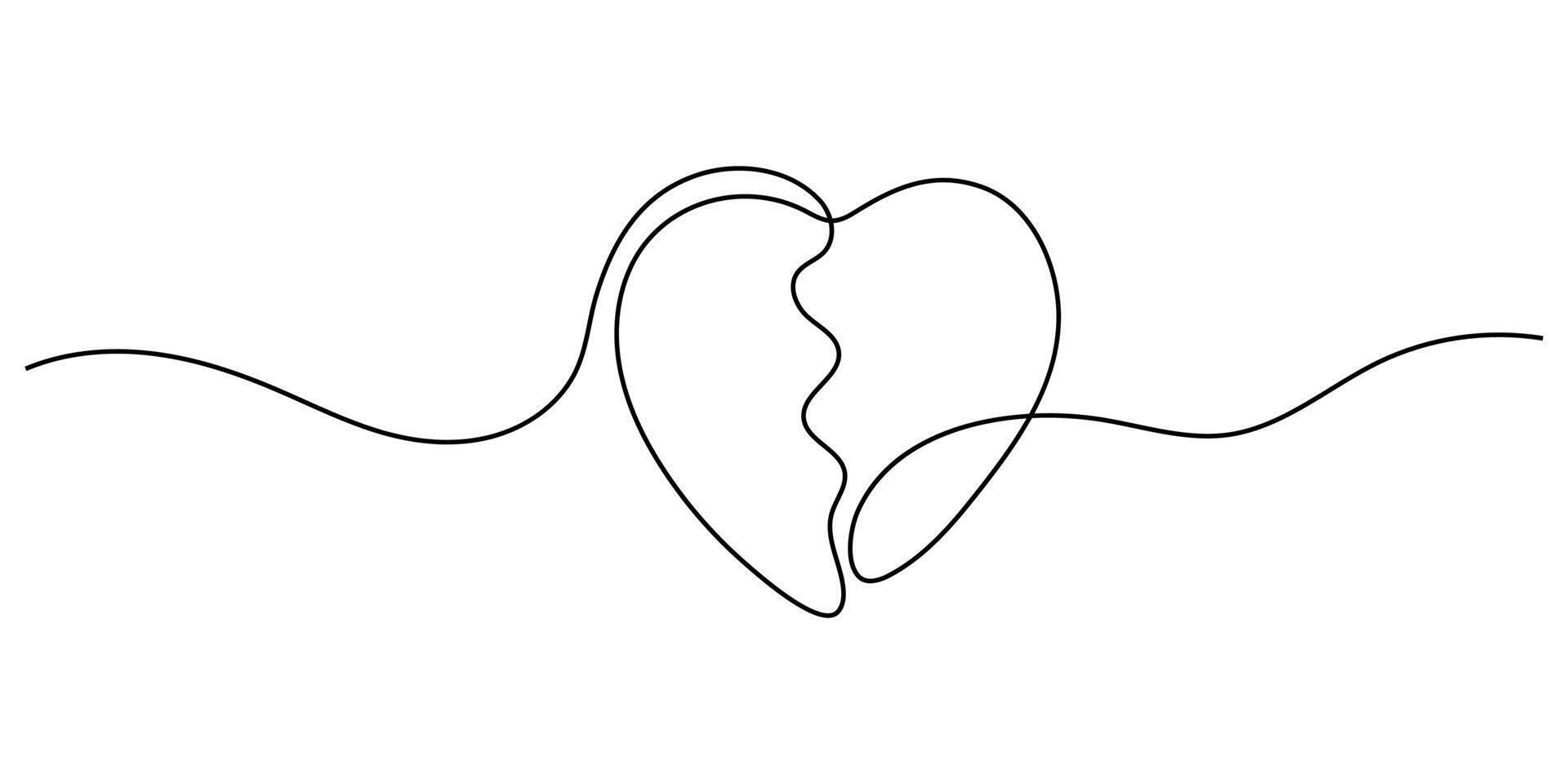 Broken heart continuous line drawing on white background. One line broken heart background. Ruined love. Continuous outline broken heart. vector