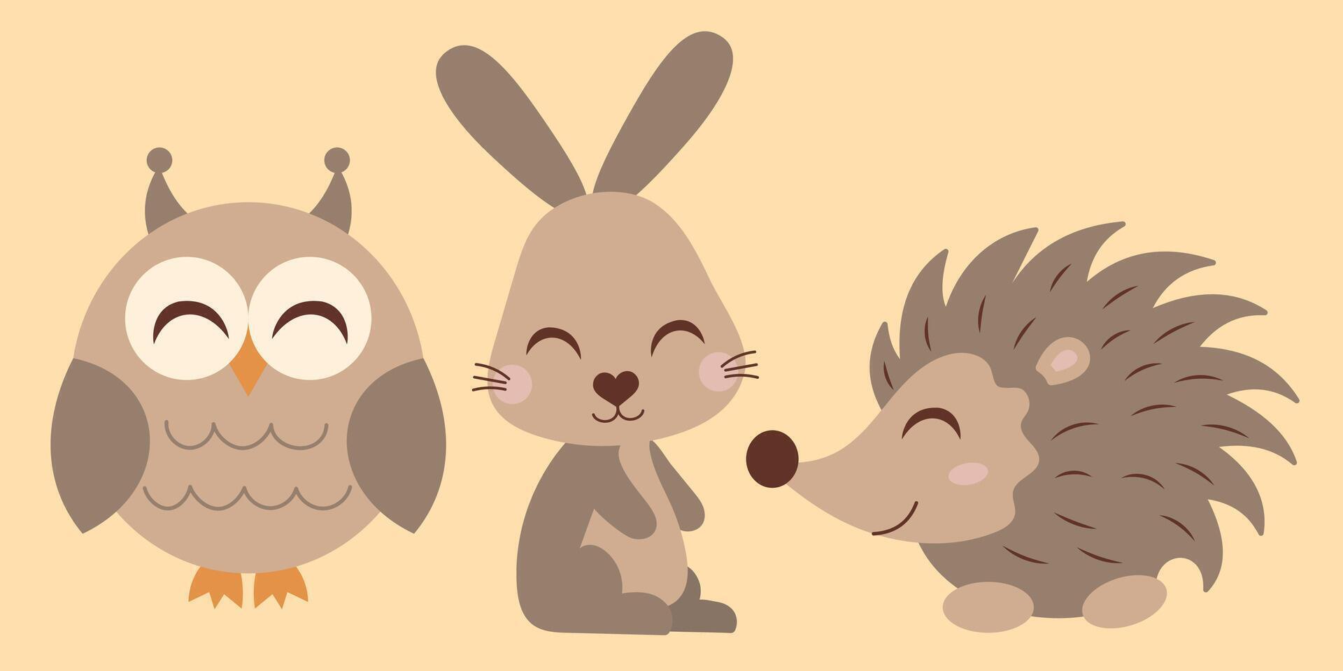 Cute forest animals for Thanksgiving design. Autumn season. Hedgehog, hare, owl. vector
