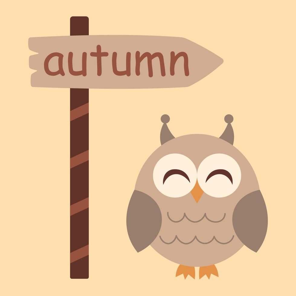 Autumn season. A baby owl and an Autumn sign. Cute cosy design element, sticker, greeting card vector