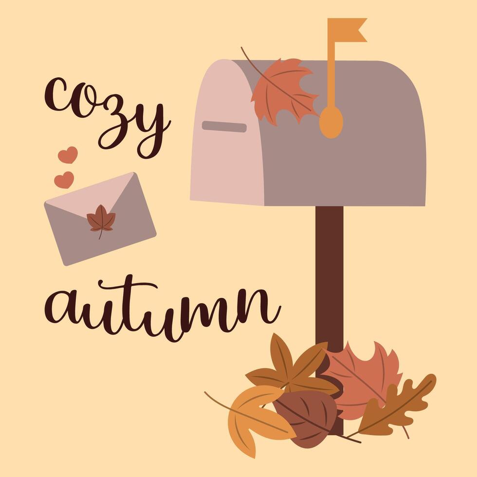Lettering Cozy autumn. Letterbox mailbox with letter and leaves. Envelope, correspondence, mail. Autumn season. Cute cosy design elements. vector