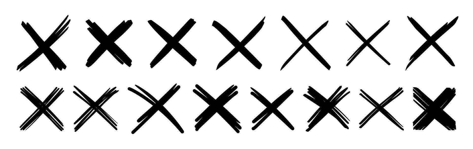 X scribble marks, black marker or pen line crosses vector