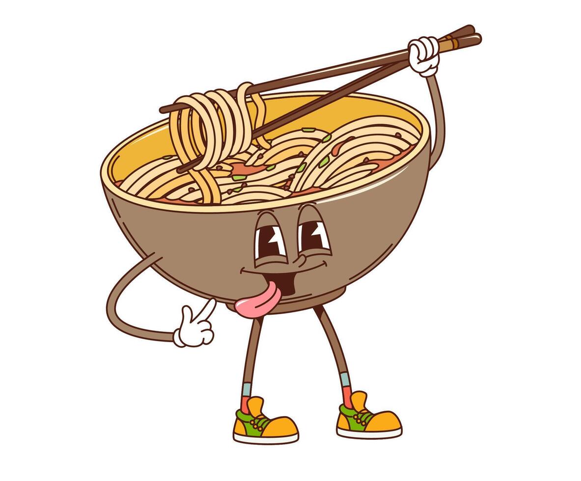 Cartoon retro groovy udon noodles character vector