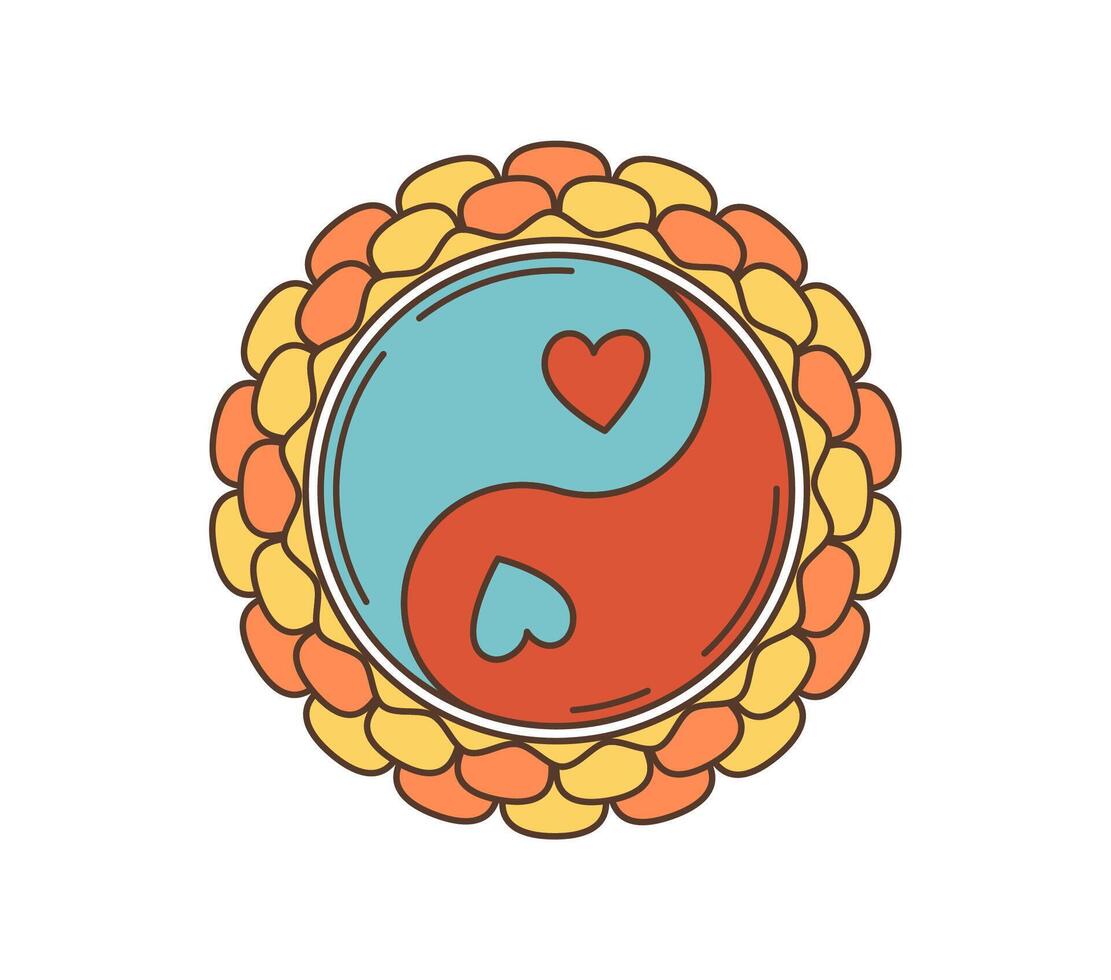 Cartoon retro groovy hippie yin-yang symbol, sign vector
