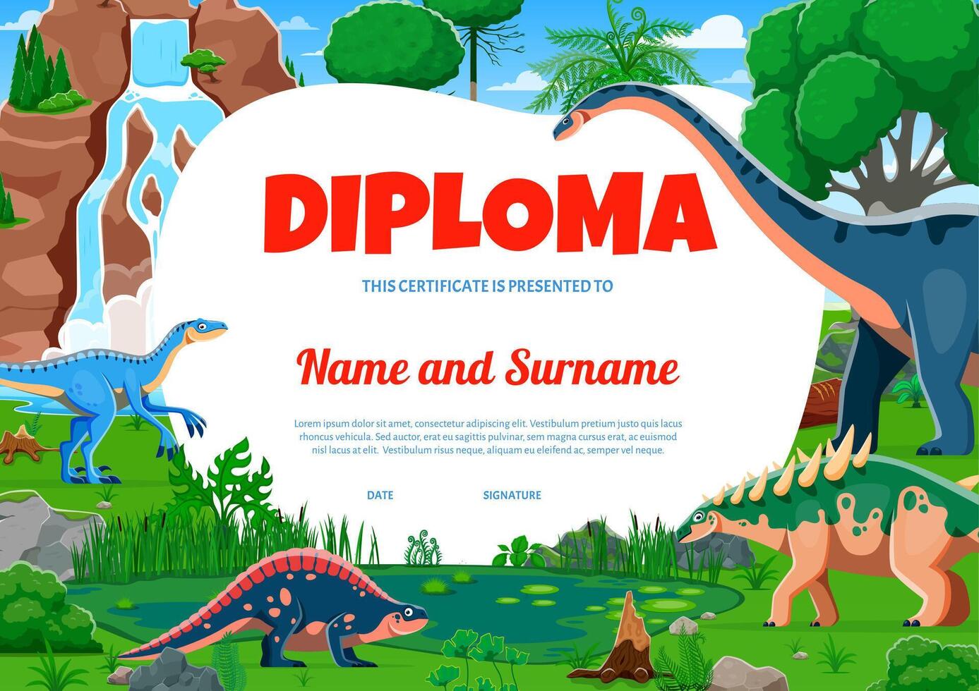 Kids diploma with funny prehistoric dinosaurs vector