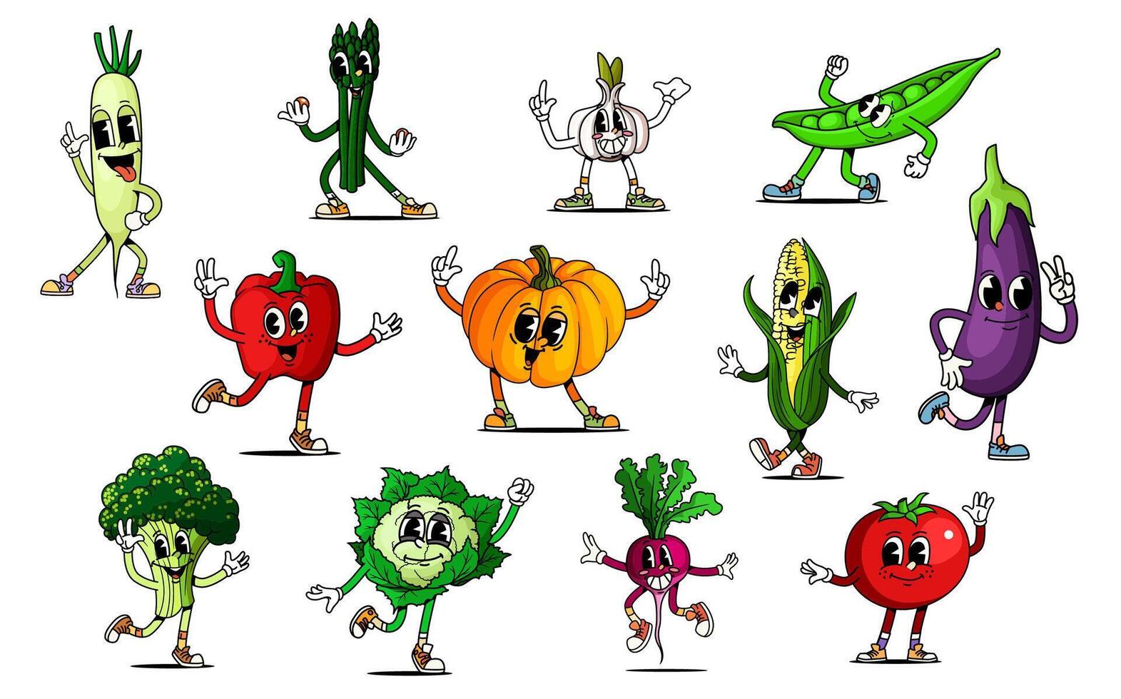 Cartoon groovy vegetable characters set vector