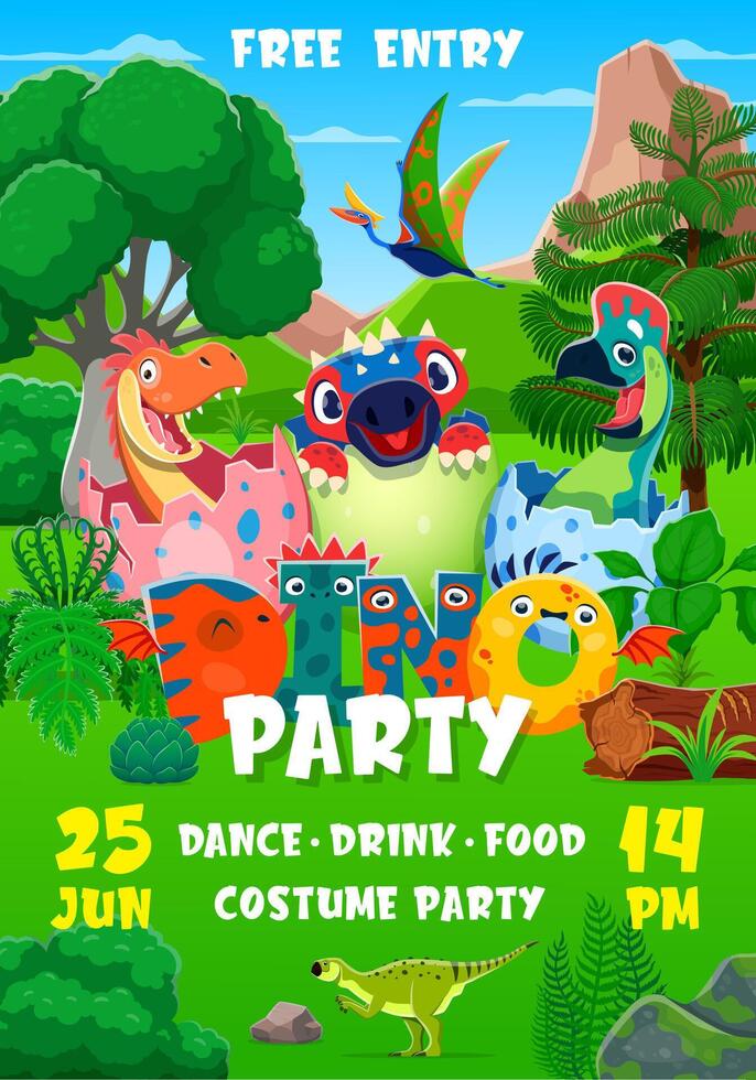 Dino kids in egg shell, invitation party flyer vector
