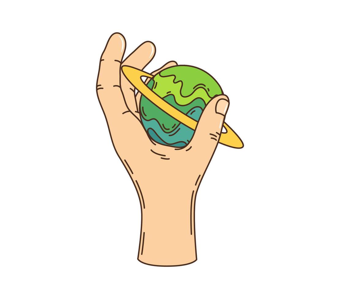 Cartoon groovy space planet in hand, galaxy art vector