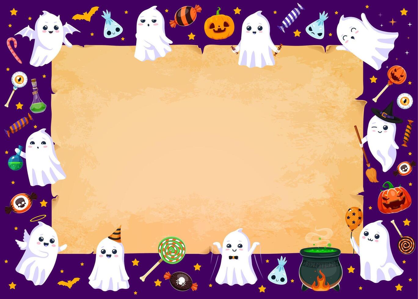 Cartoon Halloween ghosts and manuscript scroll vector