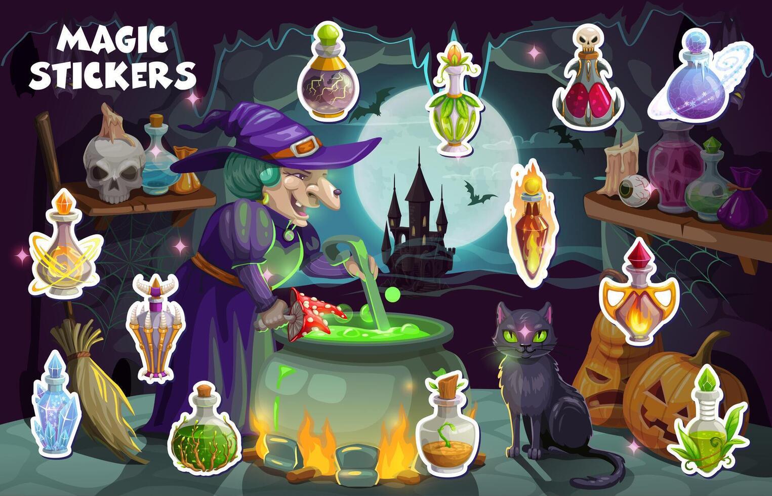 Halloween witch and magic potion bottle stickers vector