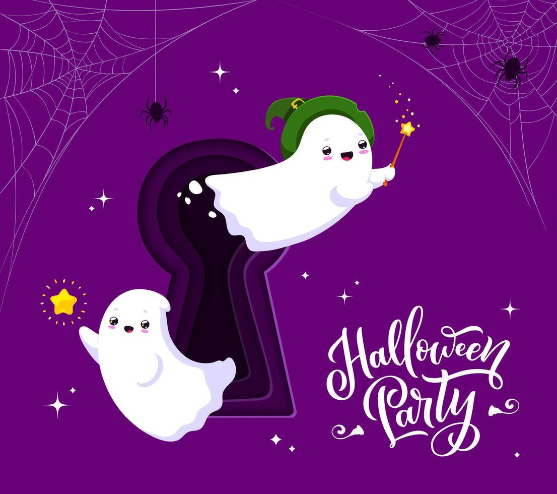 Ghost flying from keyhole, Halloween paper cut vector