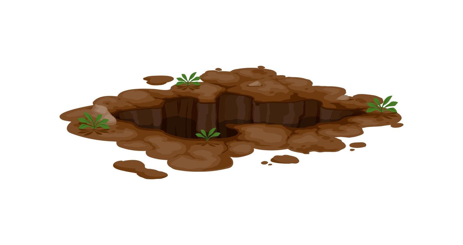 Dirty pit burrow or deep ground hole in earth soil vector