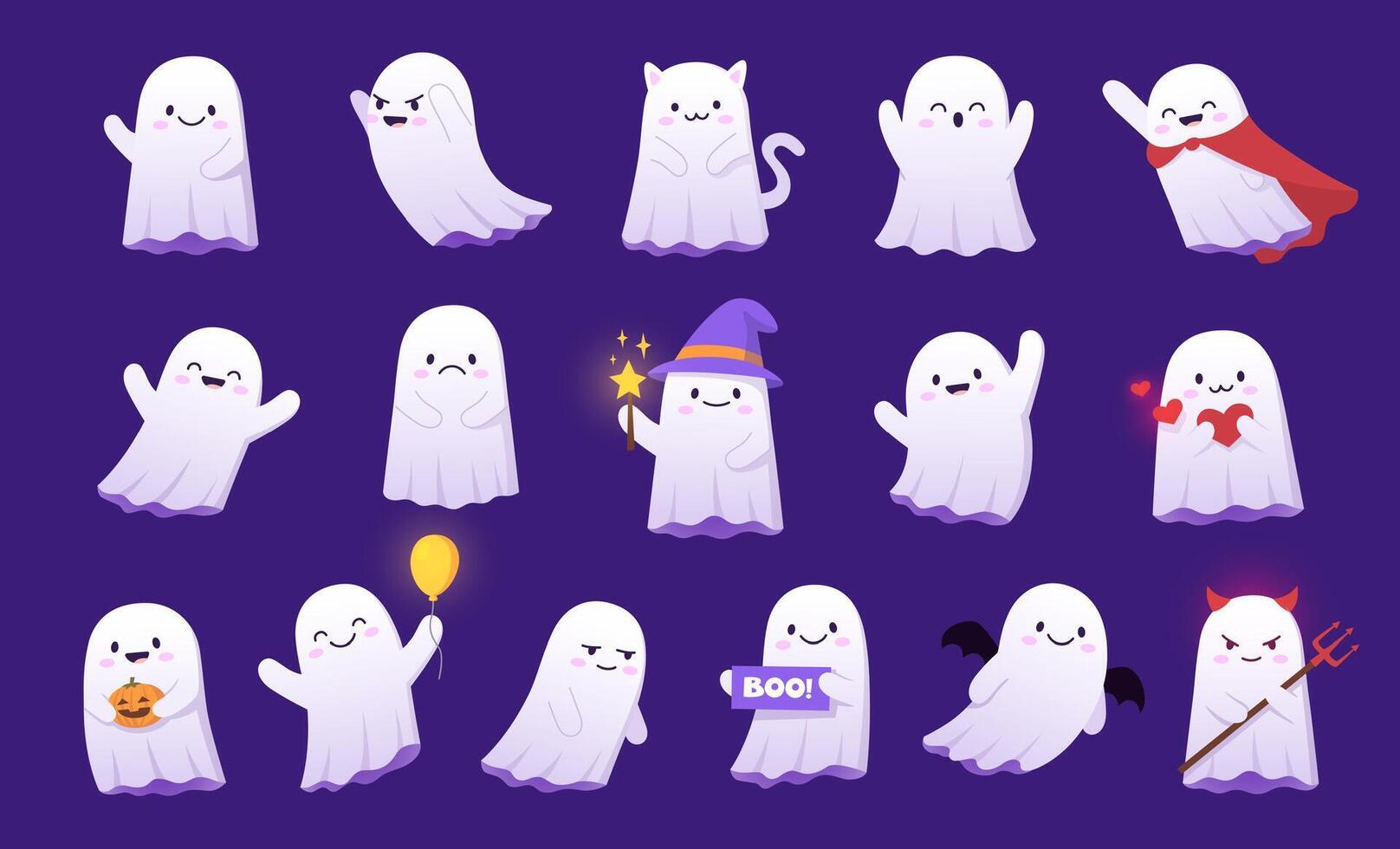Halloween kawaii ghost monsters cartoon characters vector