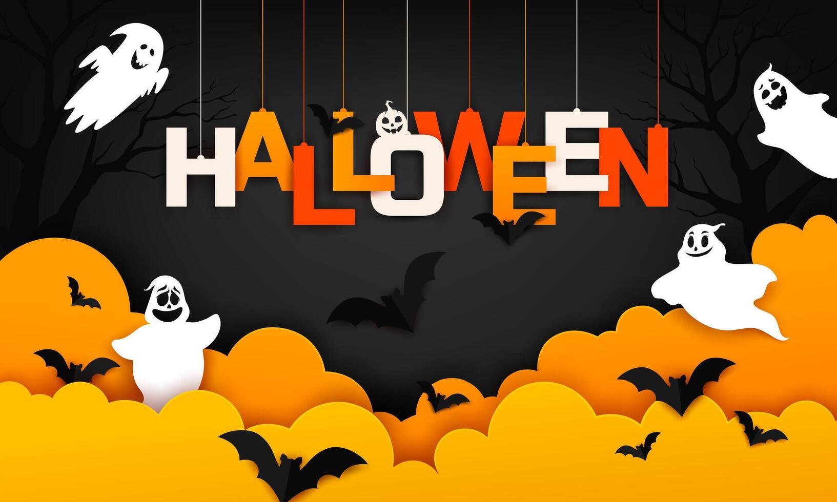 Halloween paper cut banner with clouds and ghosts vector