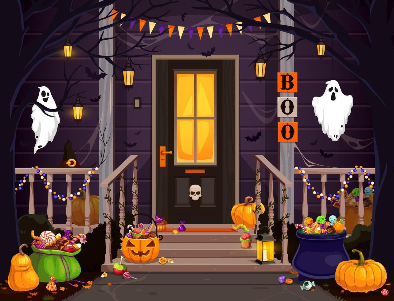 Halloween door porch with sweets buckets, ghosts vector