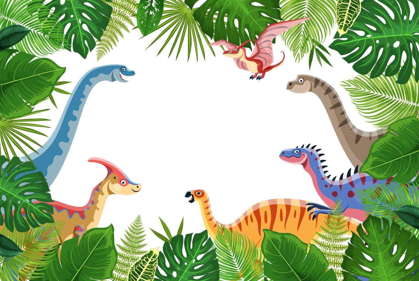 Tropical jungle frame and prehistoric dinosaurs vector