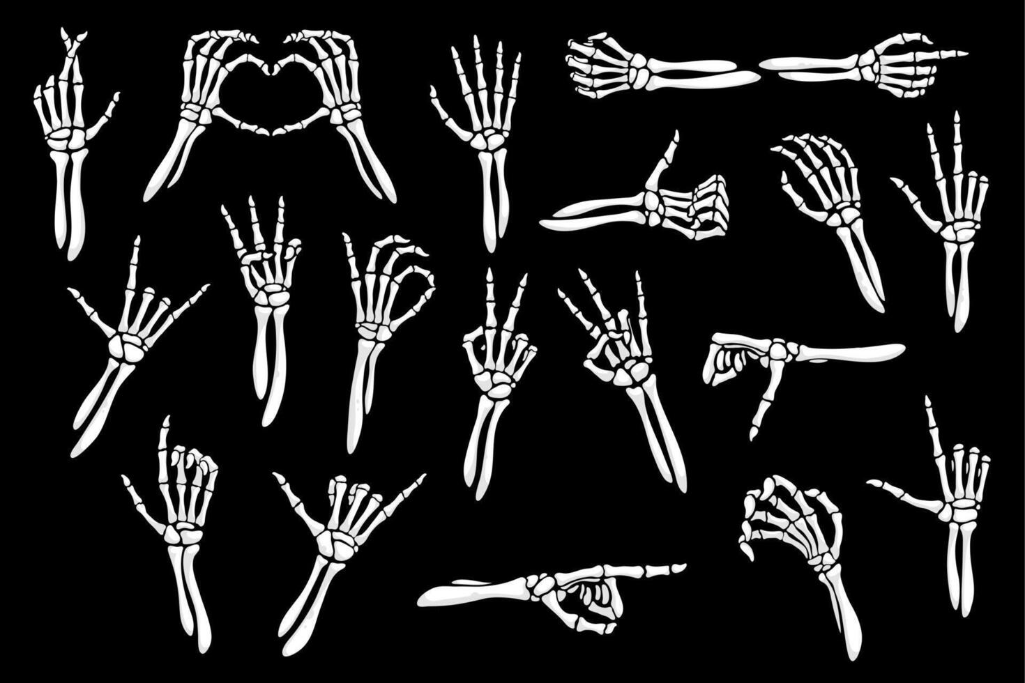 Skeleton hand gestures, finger bone silhouettes vector