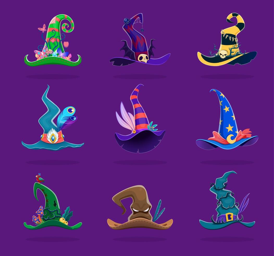 Cartoon Halloween witch hats, pointed caps set vector