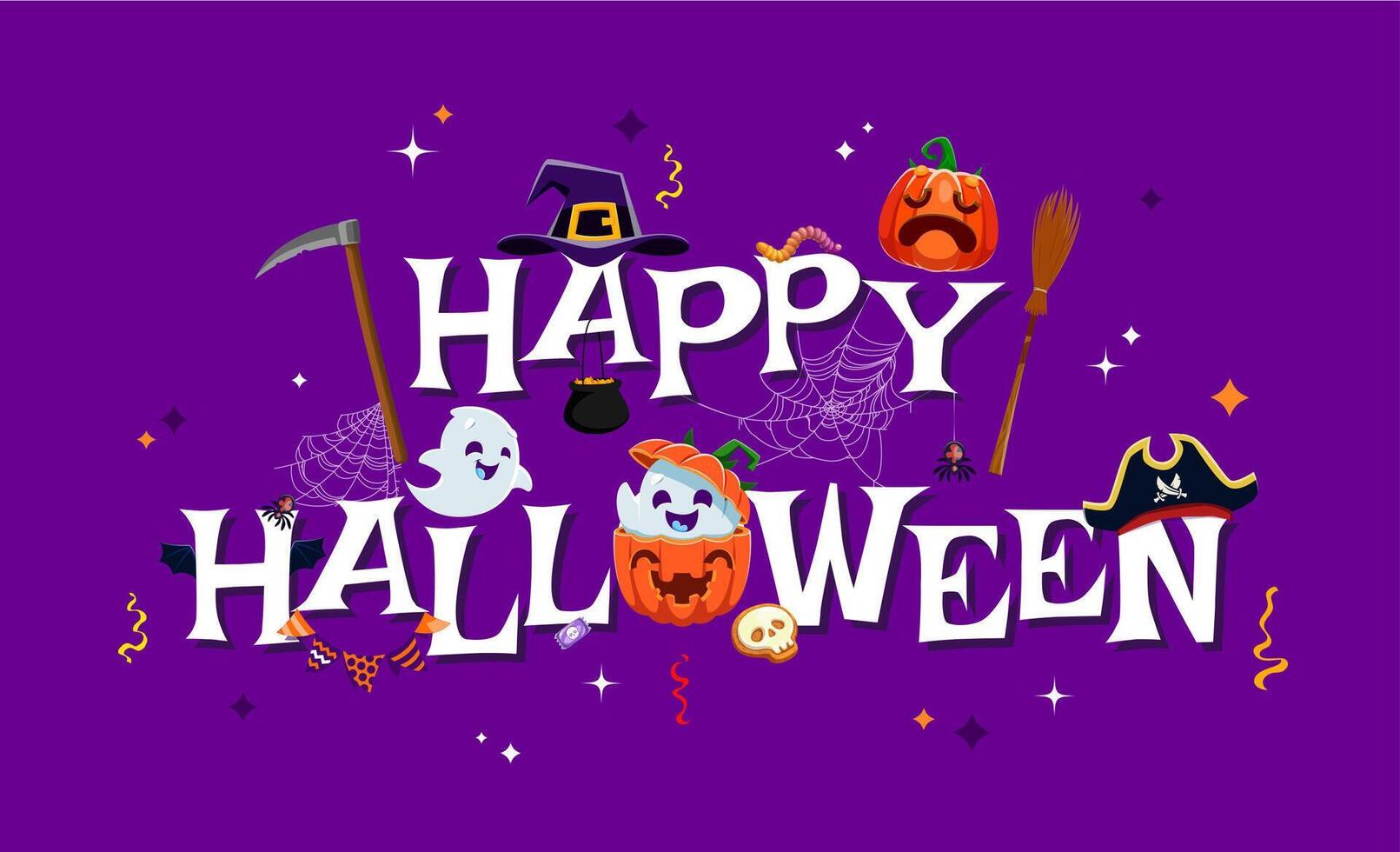 Funny cute kawaii ghosts on happy Halloween banner vector