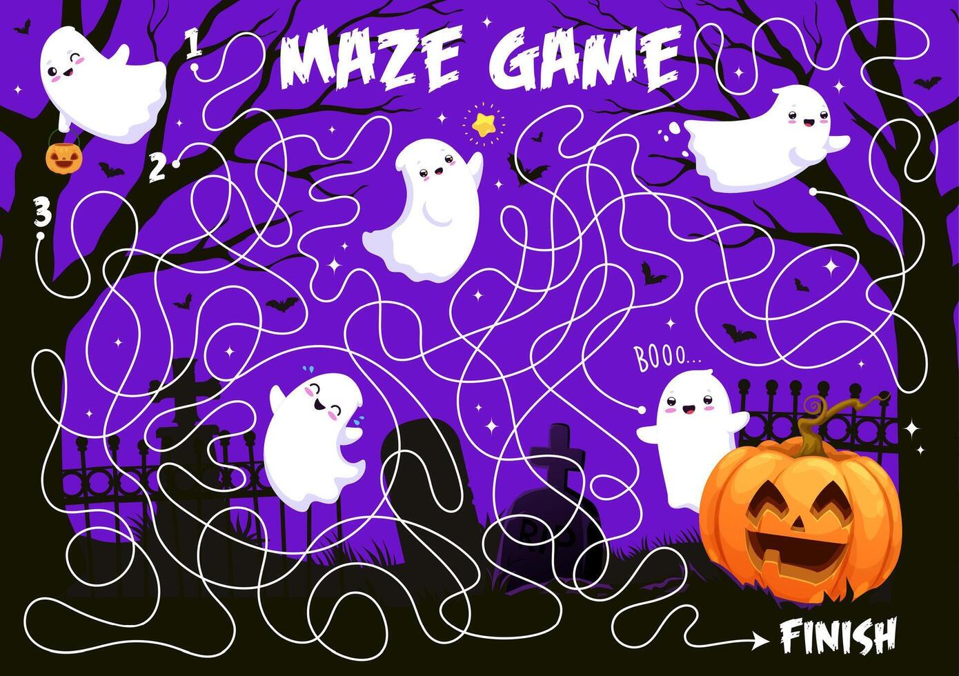 Help to Halloween ghosts find a pumpkin maze game vector