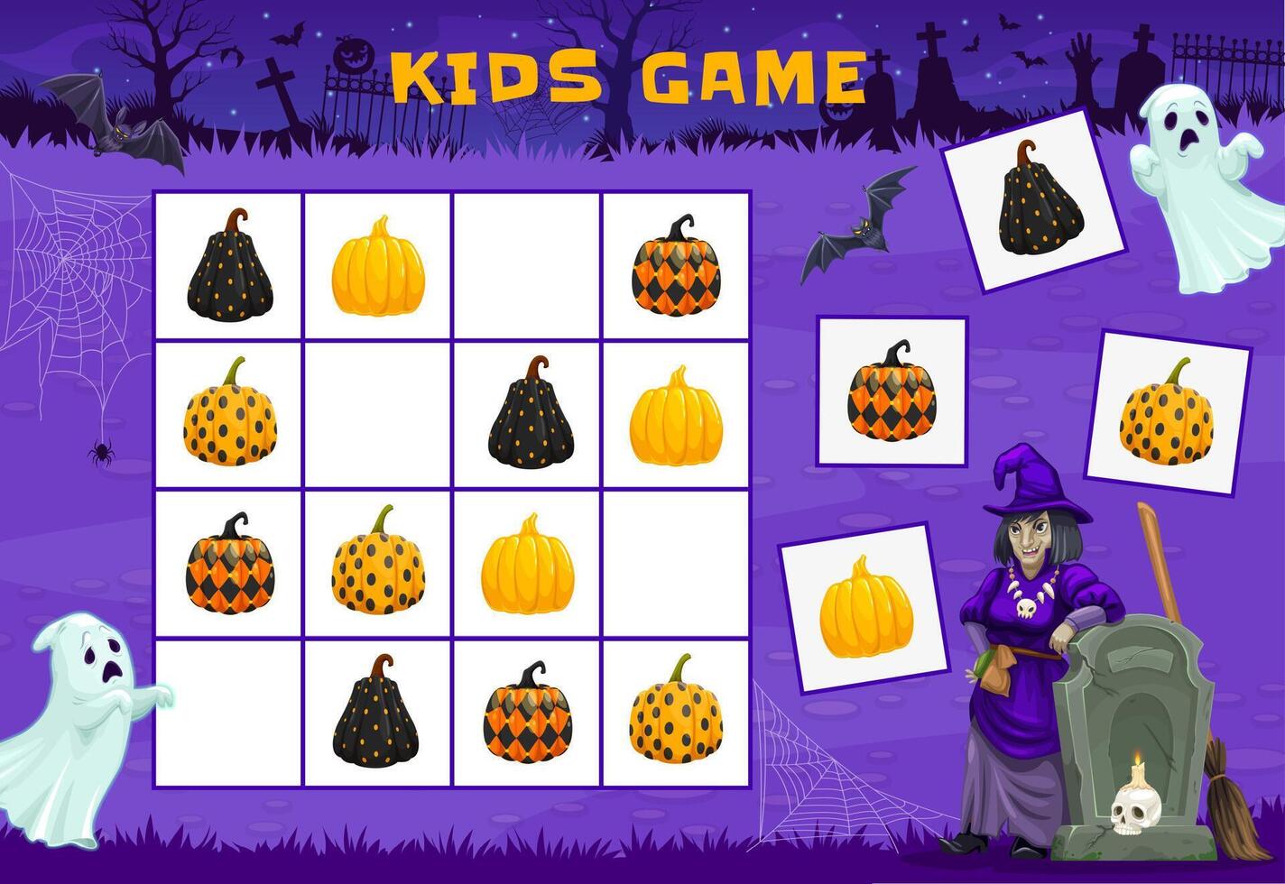Halloween sudoku, holiday characters and pumpkins vector