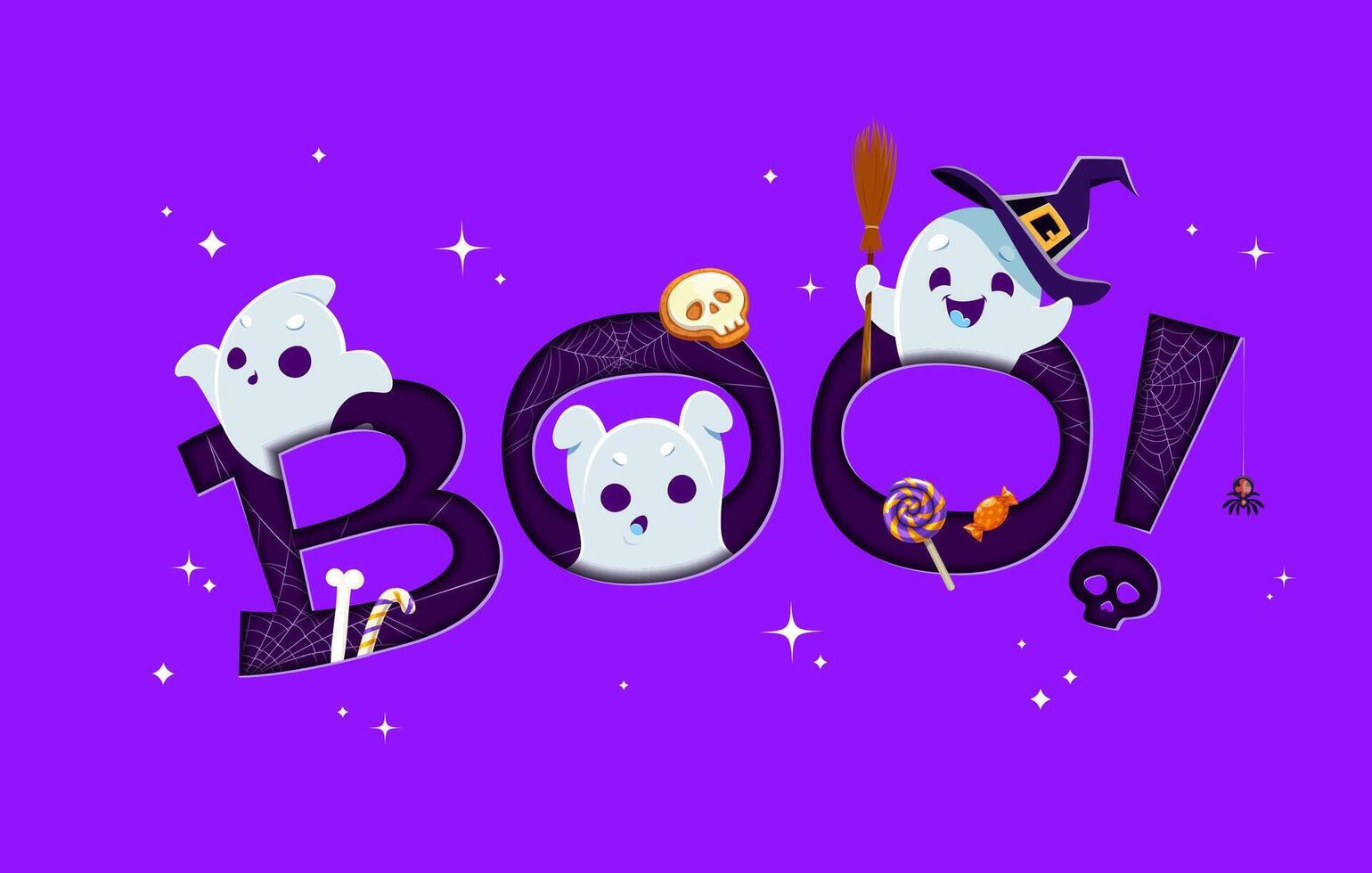 Halloween paper cut boo banner, ghosts and sweets vector