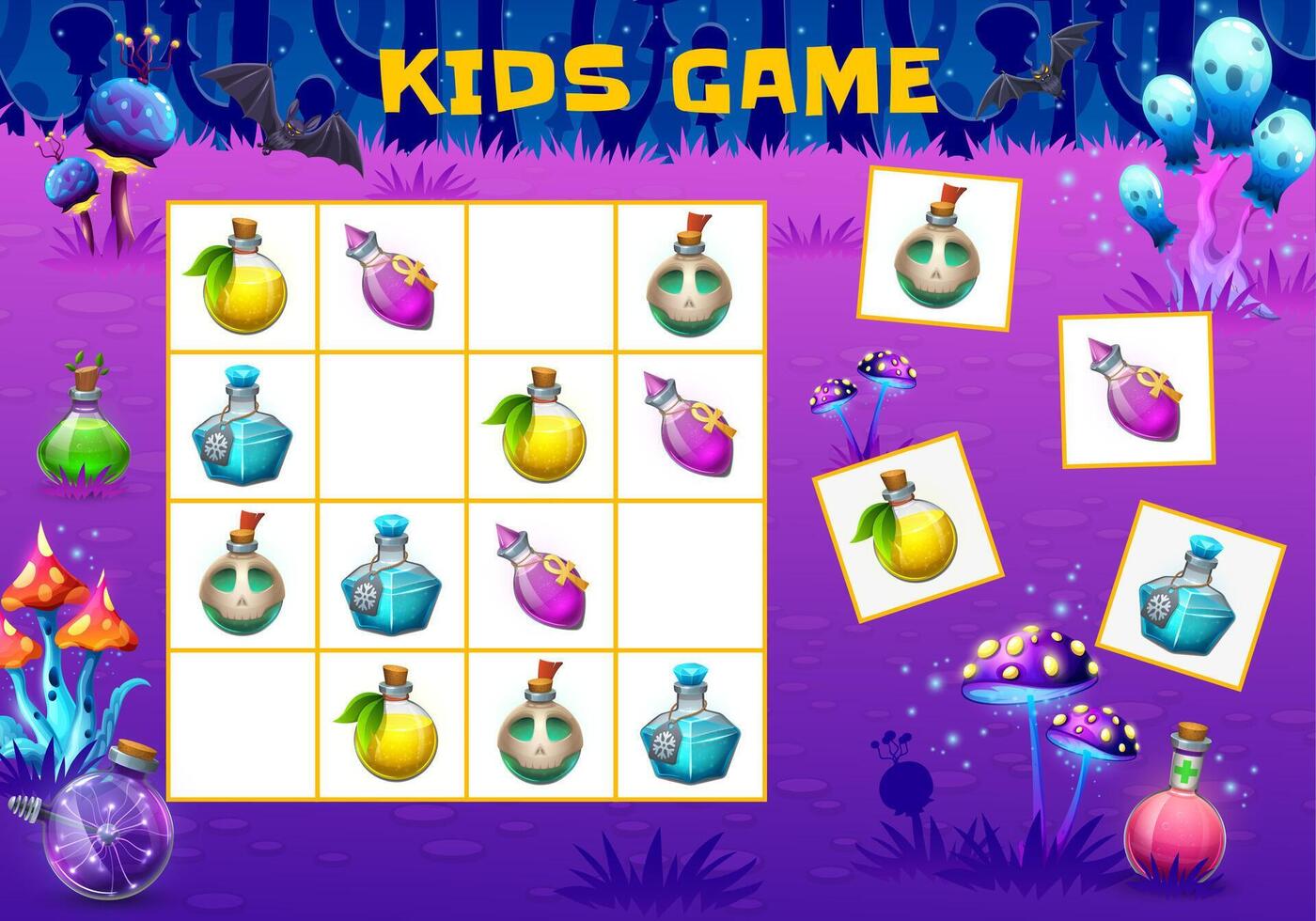 Halloween kids sudoku game, magic potion bottles vector