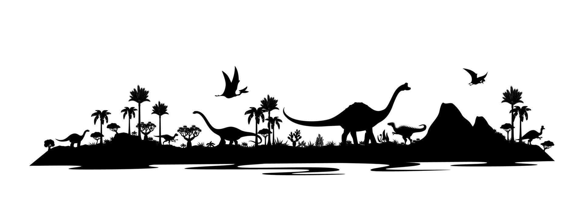 Prehistoric dinosaur silhouettes, dinos and trees vector