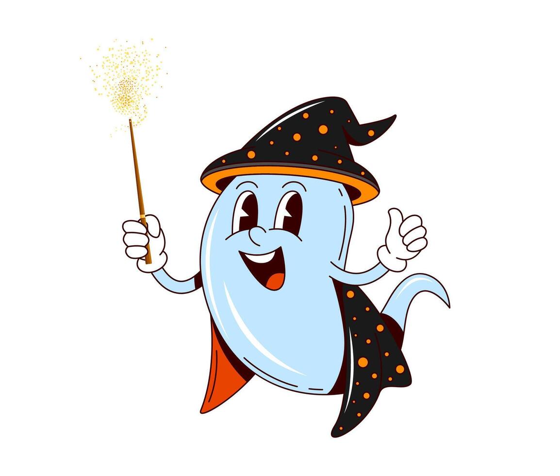 Cartoon groovy Halloween ghost boo with magic wand vector