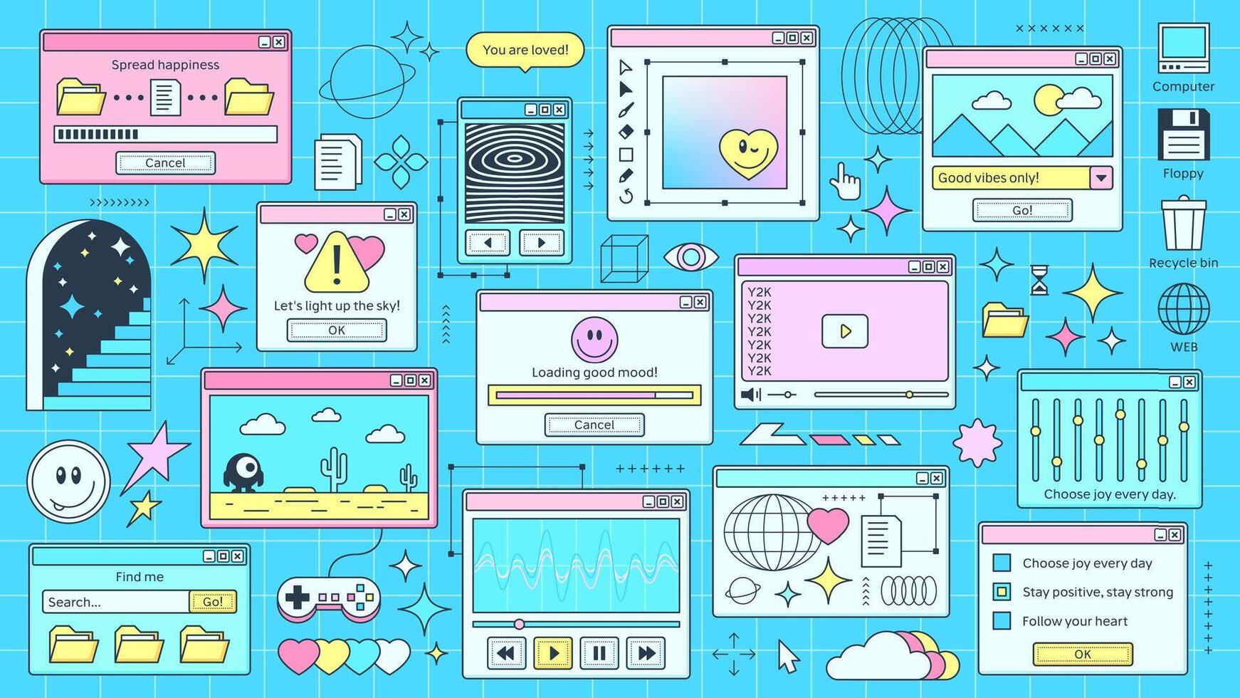 Y2K retro browser windows, internet pages screen vector