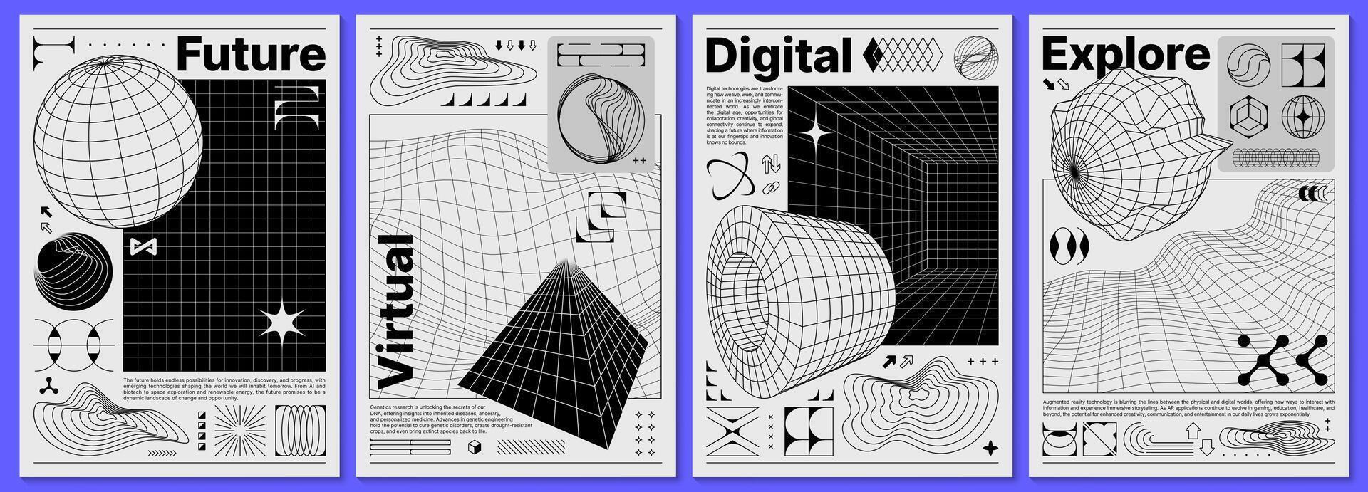 Brutalism y2k posters, with retro grid and shapes vector