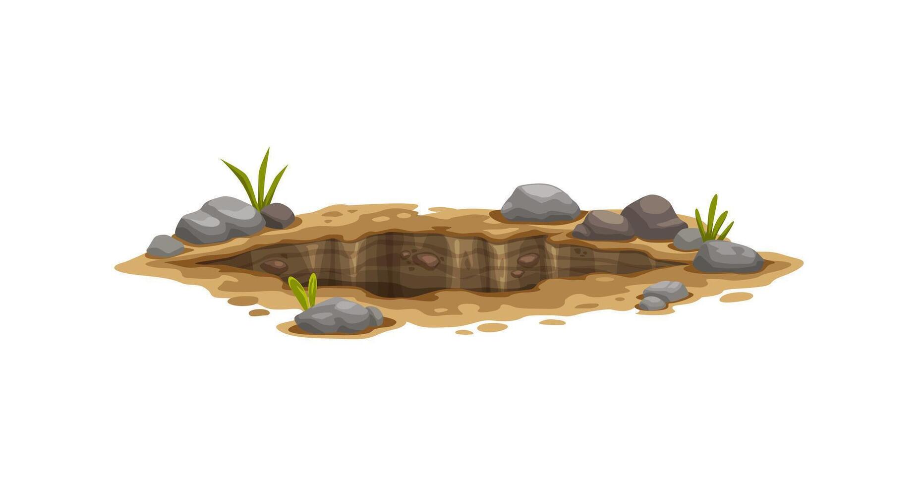 Ground hole, deep dirty pit and burrow in earth vector