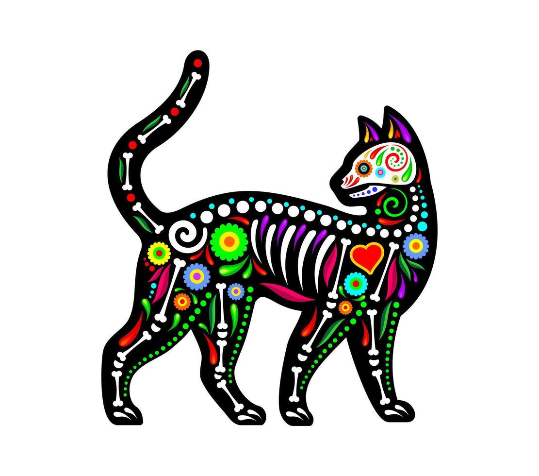 Mexican cat animal tattoo in skull skeleton bones vector