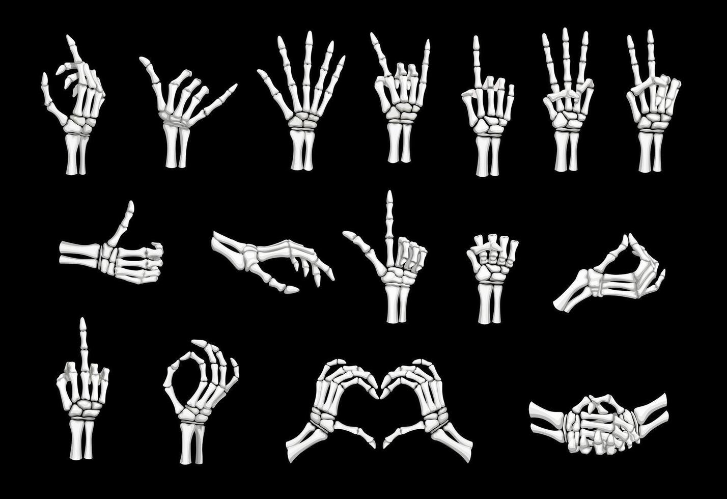Skeleton hand gestures, peace, rock, heart signs vector