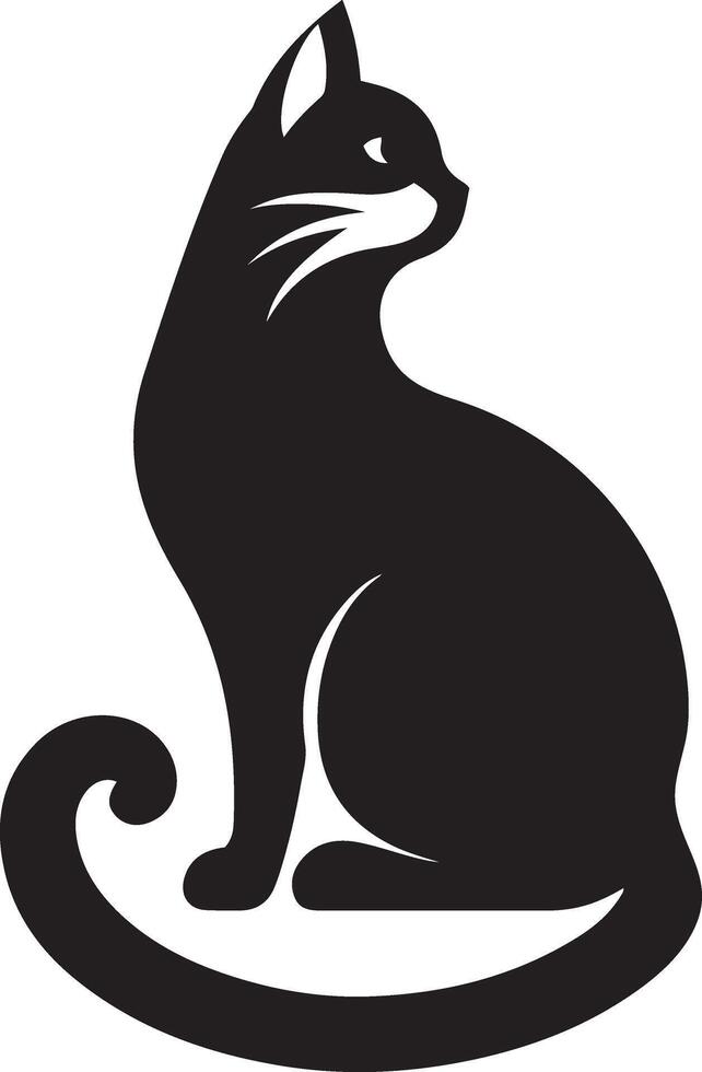Silhouette illustration of cat sitting gracefully with its tail curled around its paws. vector
