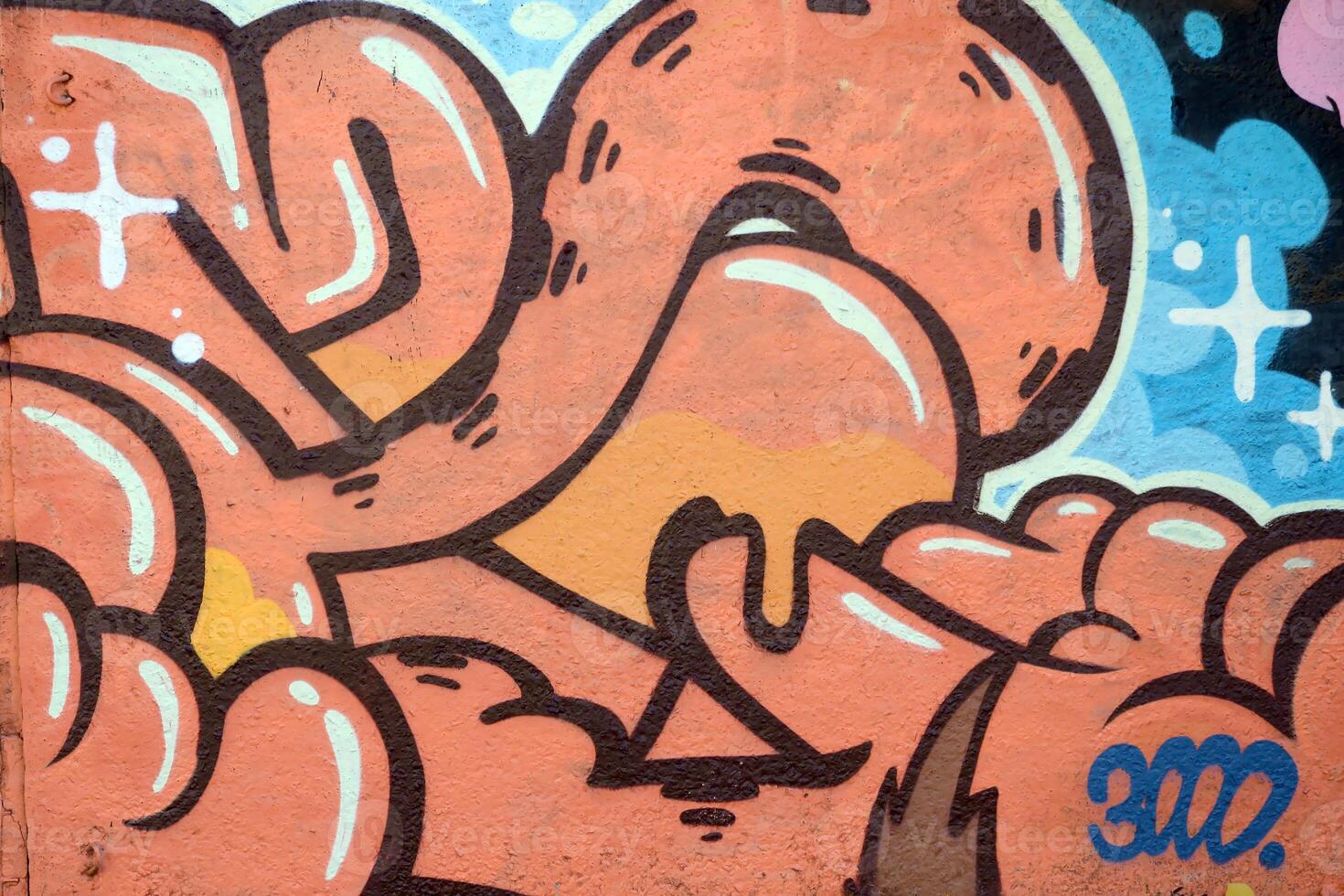 Colorful background of graffiti painting artwork with bright aerosol outlines on wall. Old school street art piece made with aerosol spray paint cans. Contemporary youth culture photo