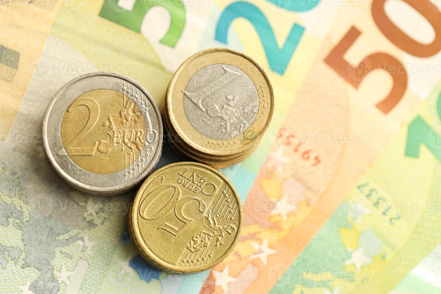 European money euro banknotesand coins. Bills of European union currency photo
