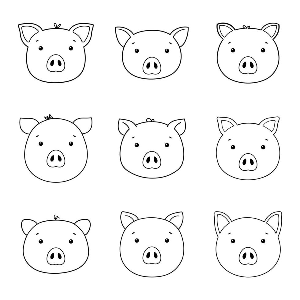 Cute pig head set in kids style vector