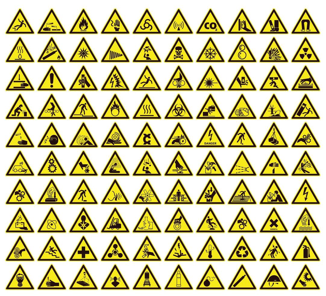 Collection of warning and safety signs. Set of safety and caution signs. Triangular yellow signs. vector